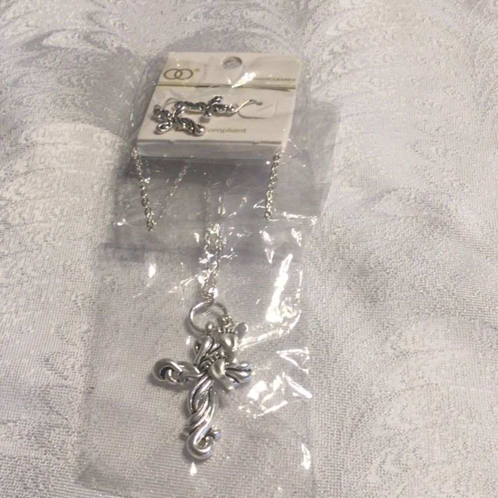 Silver Cross with Footprints Necklace with Silver Cross Dangle Earrings